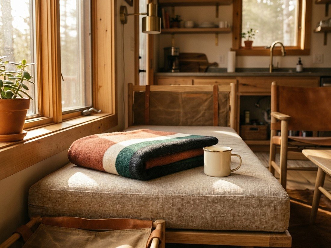 Wool blanket and warm textiles at camp